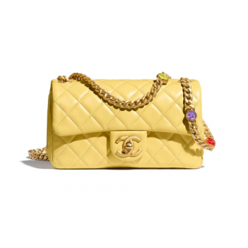 Bolso con solapa Chanel Piel de cordero Resina Metal dorado AS2380 Amarillo