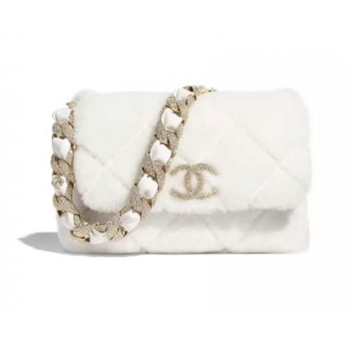Bolso con solapa Chanel Piel de borrego Strass Metal dorado AS2240 Blanco