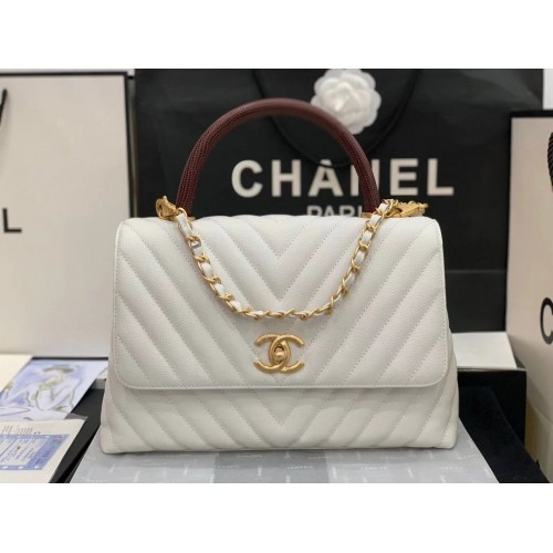 Bolso con solapa Chanel con asa superior roja V92991 blanco