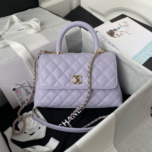Bolso Chanel con solapa y asa superior Piel de becerro granulada-Metal dorado A92990 violeta claro