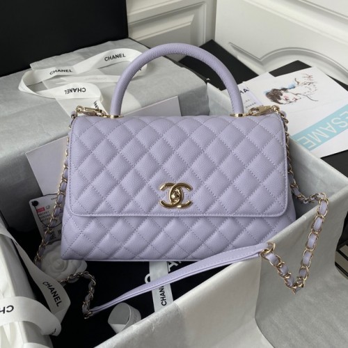 Bolso Chanel con solapa y asa en la parte superior Piel de becerro granulada-Metal dorado A92991 violeta claro