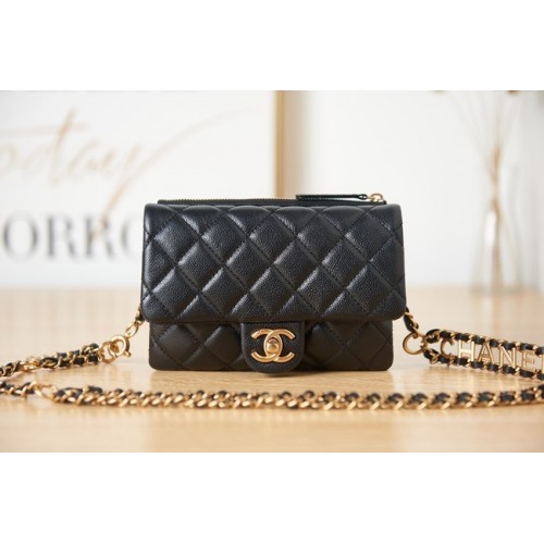 Bolsillo de piel de becerro granulada Chanel AS3225 negro