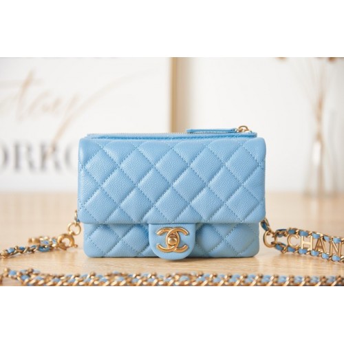 Bolsillo de piel de becerro granulada Chanel AS3225 azul claro