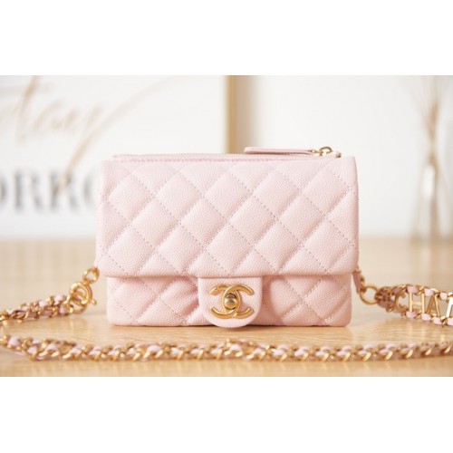 Bolsillo de piel de becerro granulada Chanel AS3225 rosa