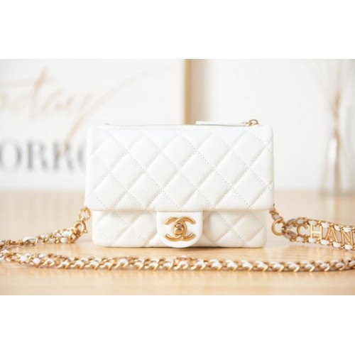Bolsillo de piel de becerro granulada Chanel AS3225 blanco