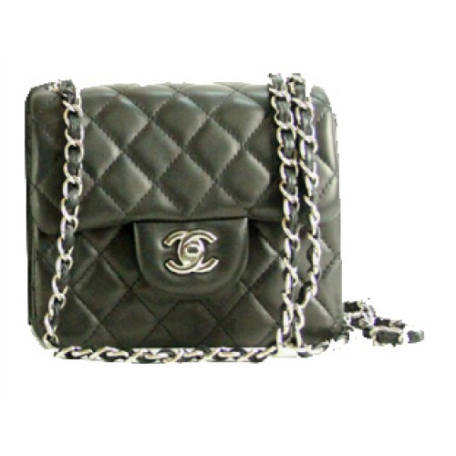 Chanel mini bolso clásico con solapa cuero negro 1115 cadena plateada
