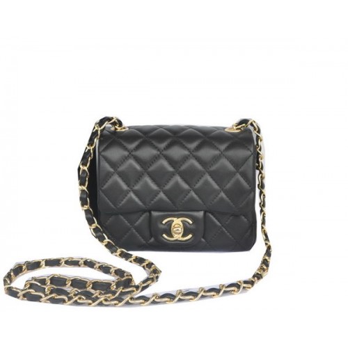 Chanel Mini Bolso Clásico con Solapa Negro Original Piel de Oveja CHA1115 Oro