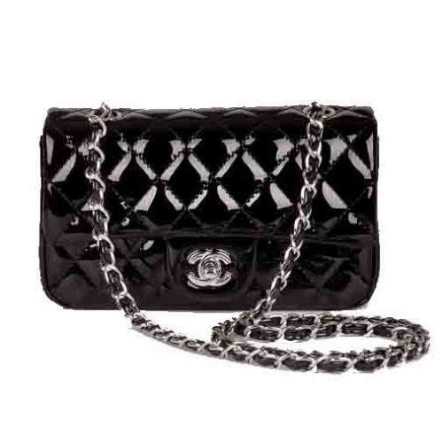 Chanel mini bolso clásico con solapa charol negro 1117 plata