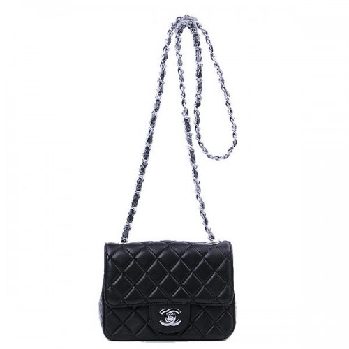Chanel Mini bolso clásico con solapa Piel de oveja negra 1115 Plata