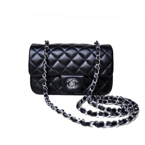 Chanel Mini bolso clásico con solapa Piel de oveja negra 1117 Plata
