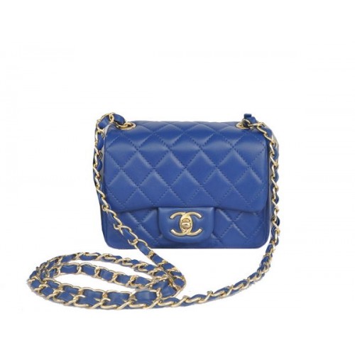 Chanel Mini Bolso Clásico con Solapa Azul Original Piel de Oveja CHA1115 Oro