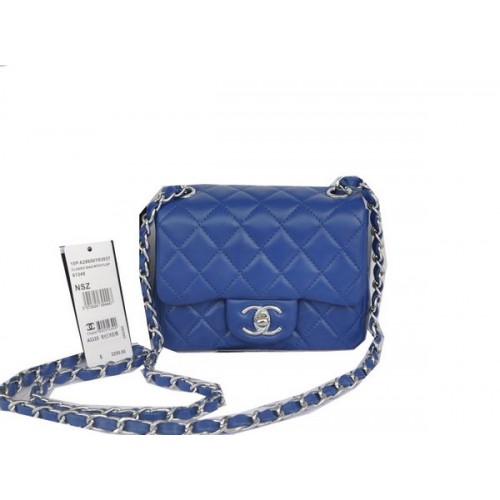 Chanel Mini Bolso Clásico con Solapa Azul Original Sheekskin CHA1115 Plata