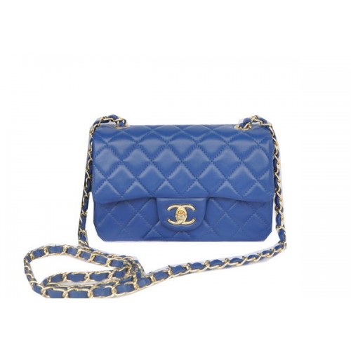 Chanel Mini Bolso Clásico con Solapa Azul Original Piel de Oveja CHA1116 Oro