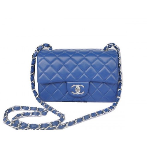 Chanel Mini Bolso Clásico con Solapa Azul Original Piel de Oveja CHA1116 Plata