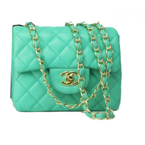 Chanel mini bolso clásico con solapa cuero verde 1115 cadena de oro