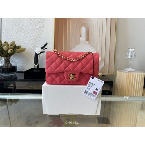 Bolso mini clásico con solapa de Chanel Cuero de piel de oveja original A1116 Rojo sandía y metal en tono dorado