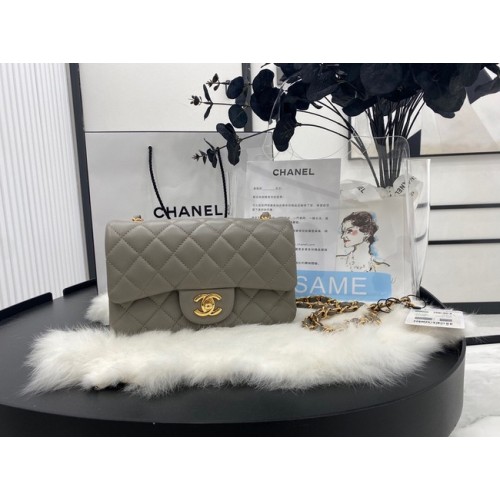 Chanel mini Classic Flap Bag Cuero de piel de oveja original A1116 gris y metal dorado