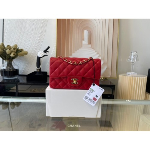 Chanel mini Classic Flap Bag Cuero de piel de oveja original A1116 rojo y metal dorado