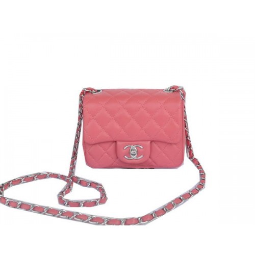 Chanel Mini Bolso Clásico con Solapa Rosa Original Sheekskin CHA1115 Plata