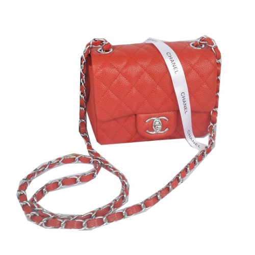 Chanel mini bolso clásico con solapa Patrón Cannage rojo 1115 Plata