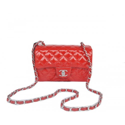 Chanel Mini Classic Flap Bag Rojo Original Charol CHA1116 Plata