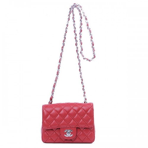 Chanel mini bolso clásico con solapa piel de oveja roja 1115 plata