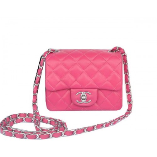 Chanel Mini Bolso Clásico con Solapa Rosa Original Piel de Oveja CHA1115 Plata
