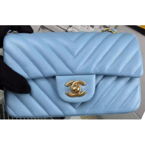 Chanel Mini Classic Flap Bag SkyBlue Original Sheepskin Chevron Leather CHA5500 Oro
