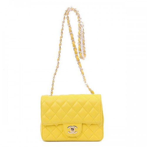 Chanel mini bolso clásico con solapa piel de oveja amarilla 1115 oro