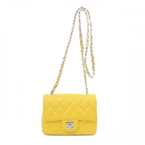 Chanel mini bolso clásico con solapa piel de oveja amarilla 1115 plata