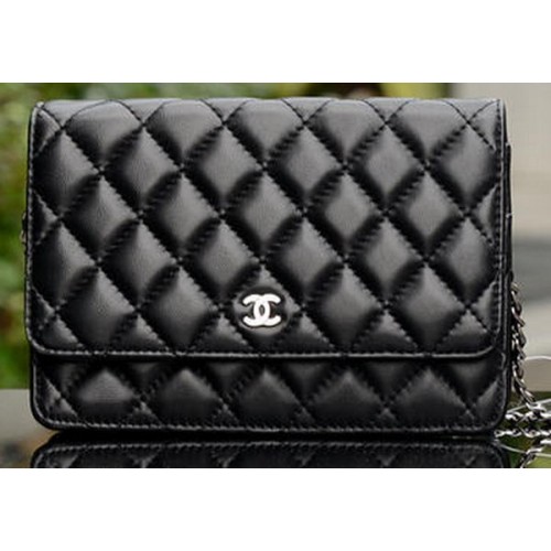 Bolso mini con solapa Chanel Cuero de piel de oveja negro A33814 Plata