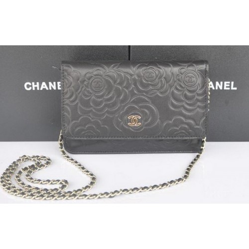 Chanel mini bolsos con solapa Camellia piel de oveja cuero A99301 negro