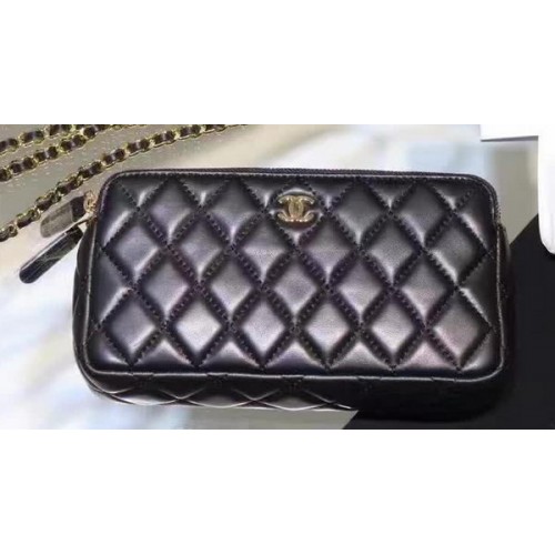 Chanel mini Bolso de Hombro Piel de Oveja Negra A7020 Plata