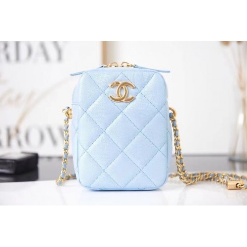 Chanel mini bolso de hombro piel de becerro granulada AS2857 azul claro