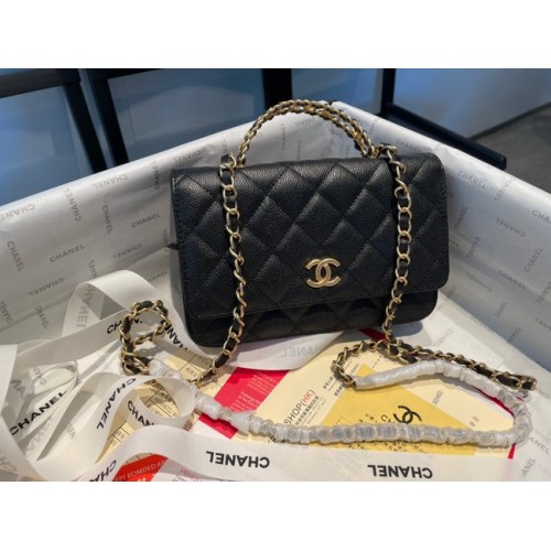 Bolso de hombro Chanel mini Piel de becerro granulada y metal dorado AP2804 negro