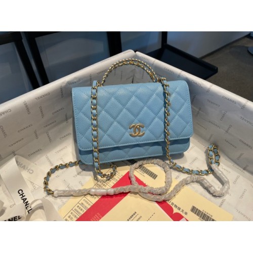 Bolso de hombro Chanel mini Piel de ternera granulada y metal dorado AP2804 azul claro