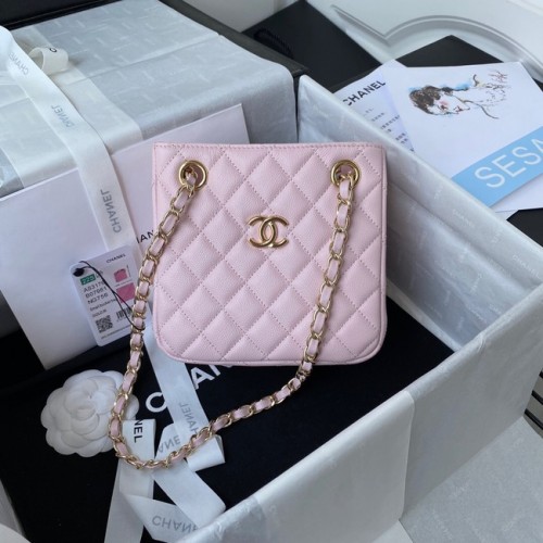 Bolso de hombro mini Chanel Piel de becerro granulada y metal dorado AS3176 rosa