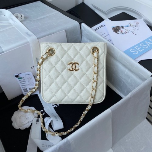 Bolso de hombro mini Chanel Piel de becerro granulada y metal dorado AS3176 blanco