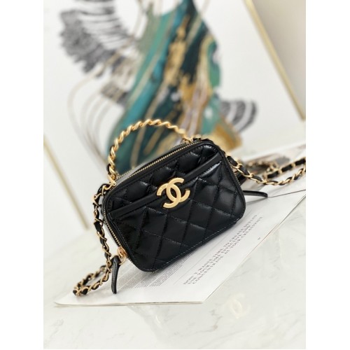 Bolso de hombro Chanel mini Piel de cordero Metal dorado AS2178 negro
