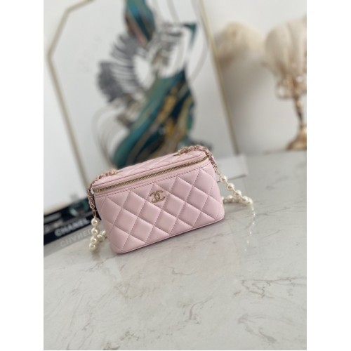 Bolso de hombro mini Chanel Piel de cordero Perlas de imitación Metal dorado AS91192 rosa