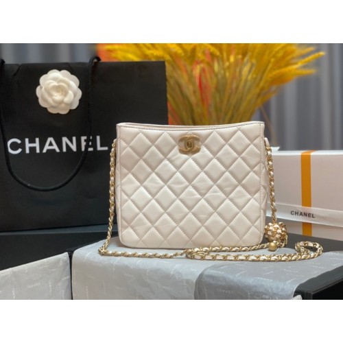 Minibolso de hombro Chanel Piel de cordero y metal dorado AS3259 blanco