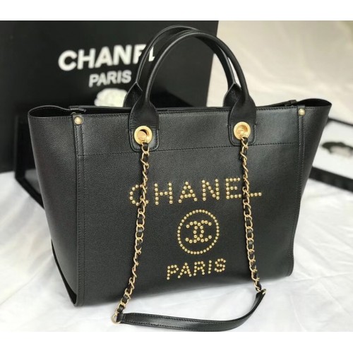 Bolso tote de piel de becerro original de Chanel 78901 negro