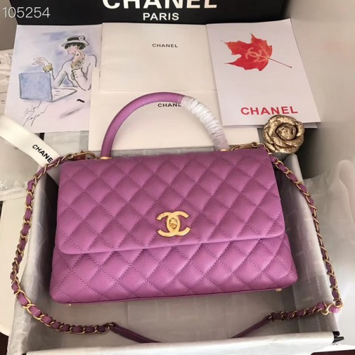 Bolso con solapa de piel de becerro original de Chanel con asa superior A92292 Metal purpúreo y dorado