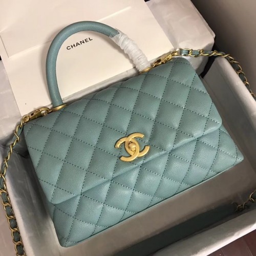 Bolso con solapa de cuero Caviar original de Chanel con asa superior A92290 metal verde y dorado
