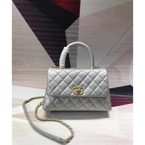 Bolso con solapa de cuero Caviar original de Chanel con asa superior A92290 Metal plateado y dorado
