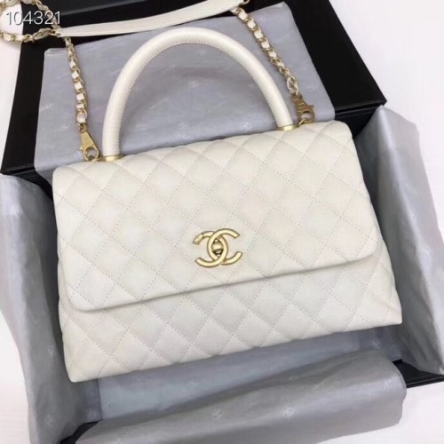 Bolso con solapa de cuero Caviar original de Chanel con asa superior A92292 blanco y metal dorado