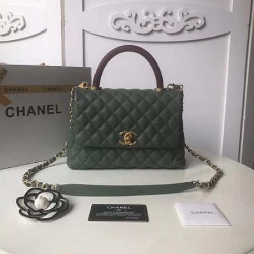 Bolso con solapa de cuero Caviar original de Chanel asa superior A92991 Verde negruzco