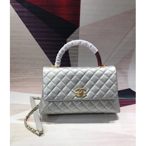 Bolso con solapa de cuero Caviar original de Chanel con asa superior B92291 Metal plateado y dorado