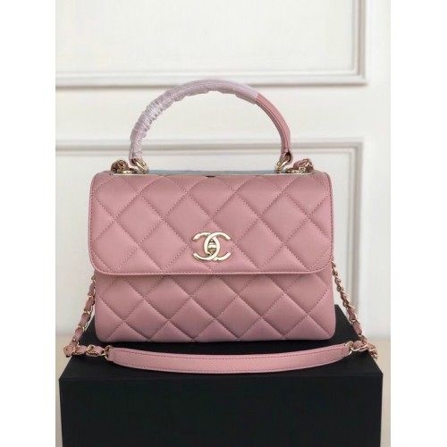 Bolso con solapa y asa superior de piel de cordero original de Chanel AS92236 rosa y metal dorado