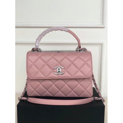 Bolso con solapa y asa superior de piel de cordero original de Chanel AS92236 metal rosa y plateado